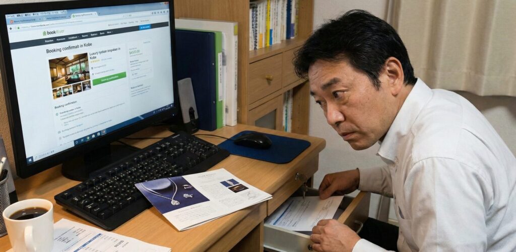 自宅の書斎で、PC画面に高級ホテルの予約サイトを表示させたまま、給与明細を机の引き出しに隠そうとする夫の様子。机上にはクレジットカードの請求書や宝飾品のパンフレットが散乱している。