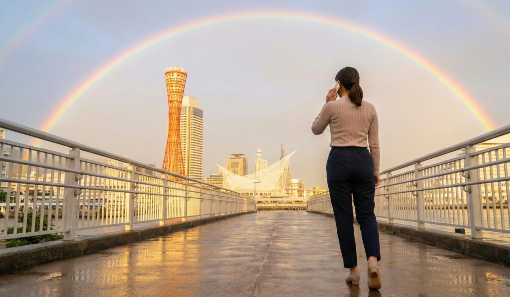 神戸の港にかかる大きな虹を背景に、RESTART探偵事務所へ相談の電話をかけ、希望を持って新たな未来へ歩き出す女性の後ろ姿。