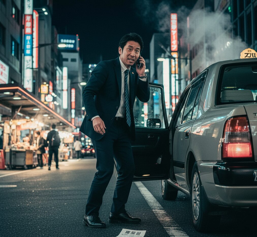 「alt属性」 難波駅前のタクシー乗り場で、妻に嘘の電話をかけながらタクシーに乗り込む夫と、地面に落ちたタクシーの領収書。