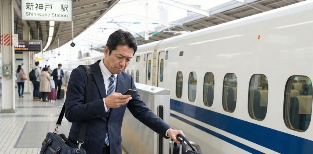 新神戸駅の新幹線ホームで、帰省中に浮気相手からの連絡を気にして、深刻な表情でスマートフォンを見る夫の様子。