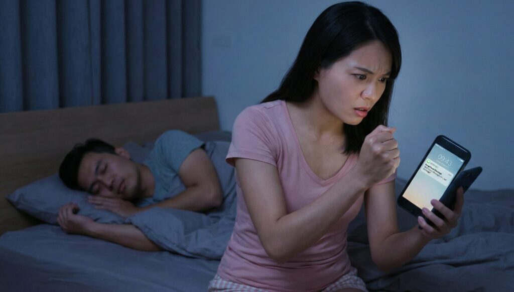 寝ている夫のスマホで浮気の通知を見てしまい、怒りとショックに震えながらも、感情的な問い詰めを必死にこらえている妻の様子。