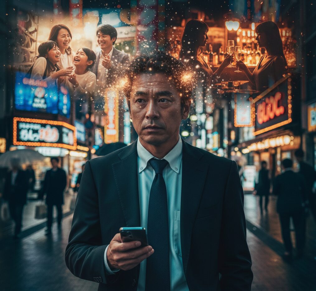 疲れた表情で歩く夫の頭の中で、家族への罪悪感と浮気を正当化する自己肯定の心理が葛藤している様子。