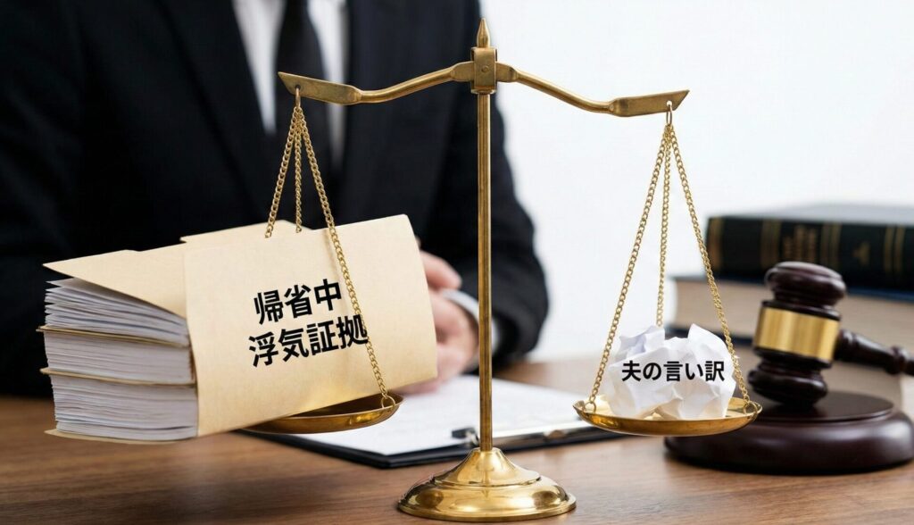 デスクの上に広げられた離婚届や慰謝料請求の書類と、その横に置かれた浮気の決定的な証拠(写真やボイスレコーダー)。法的な交渉に向けて準備を整える様子。