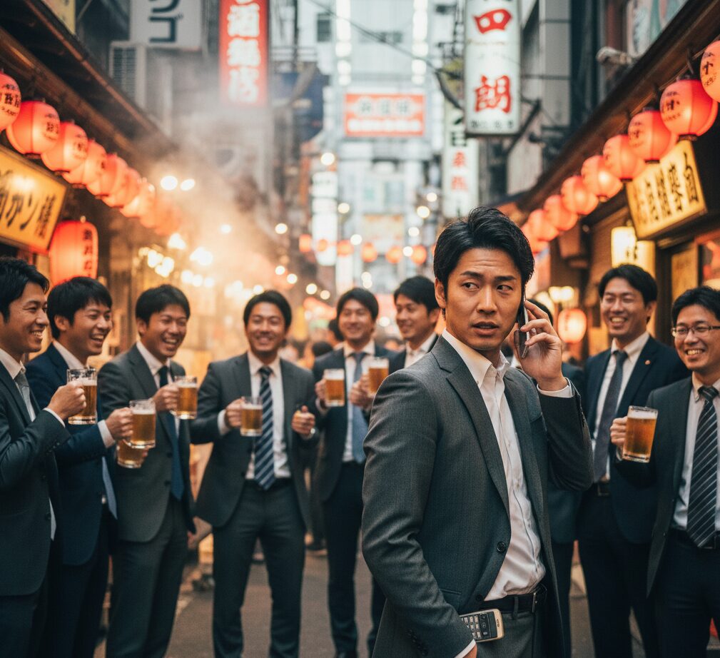 忘年会で賑わう難波の居酒屋街の風景。その中で、夫がスマホをこっそり見ながら、妻に嘘の電話をしているような、少し怪しい雰囲気の日本人男性のイメージ。