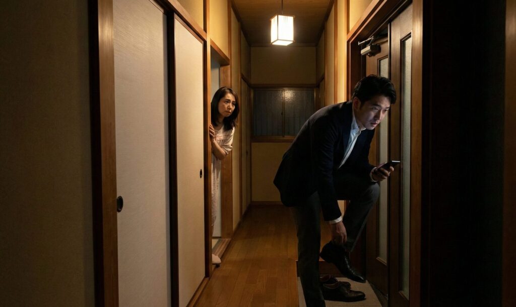 帰省中の実家の玄関で、深夜に余所行きの服で外出しようとする夫と、その様子を物陰から不安そうに見つめる妻。