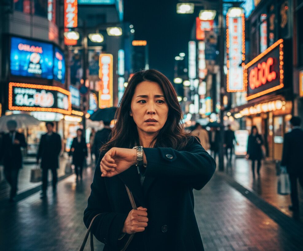 難波の賑やかな夜の街並み（道頓堀のネオンなど）を背景に、腕時計を見て夫の帰りを待ちながら不安そうな表情を浮かべている日本人女性のイメージ。