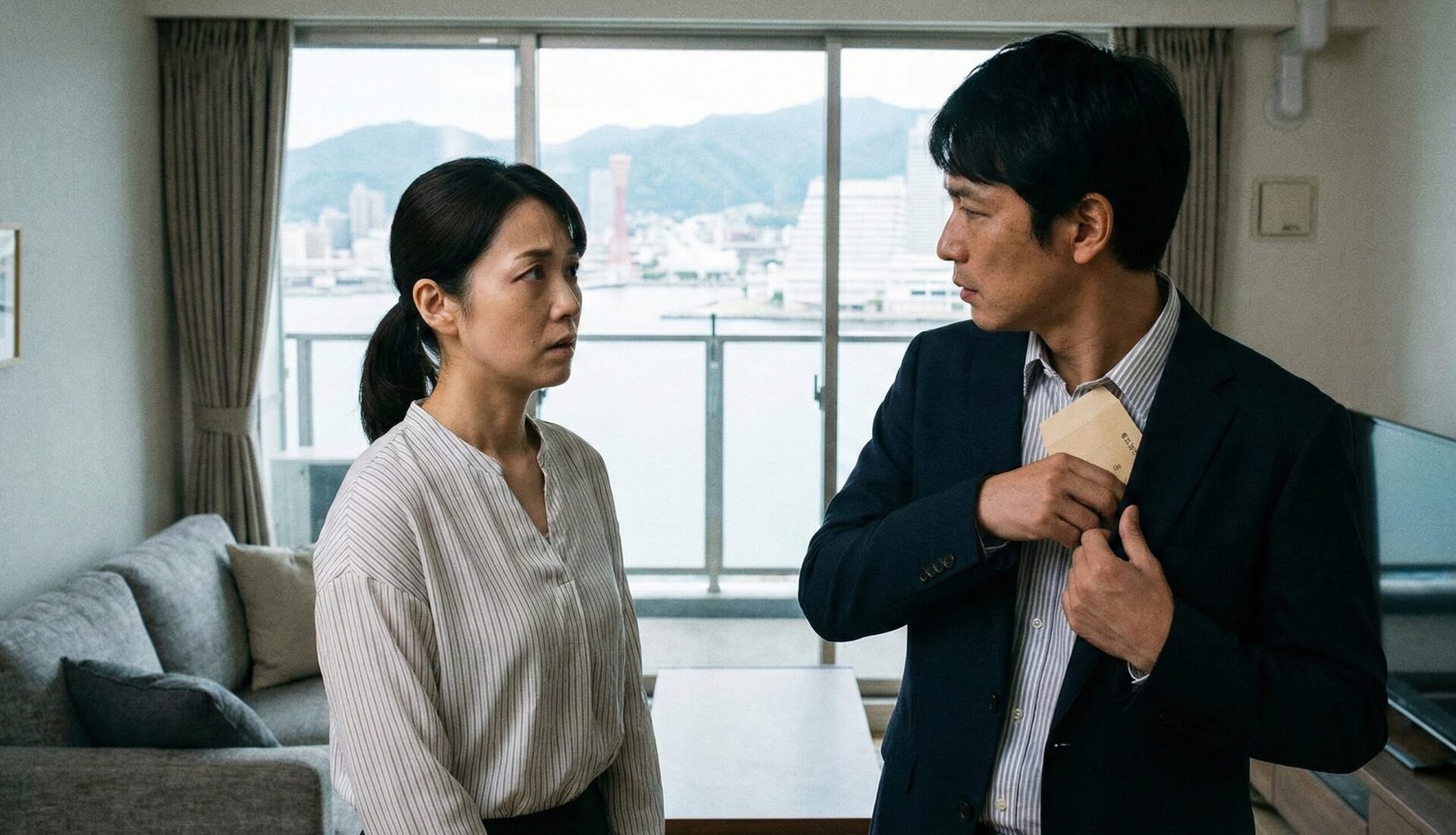 神戸の街並みが見える部屋で、夫がボーナス明細らしき封筒を内ポケットに隠そうとし、妻が不安そうに見つめている様子。