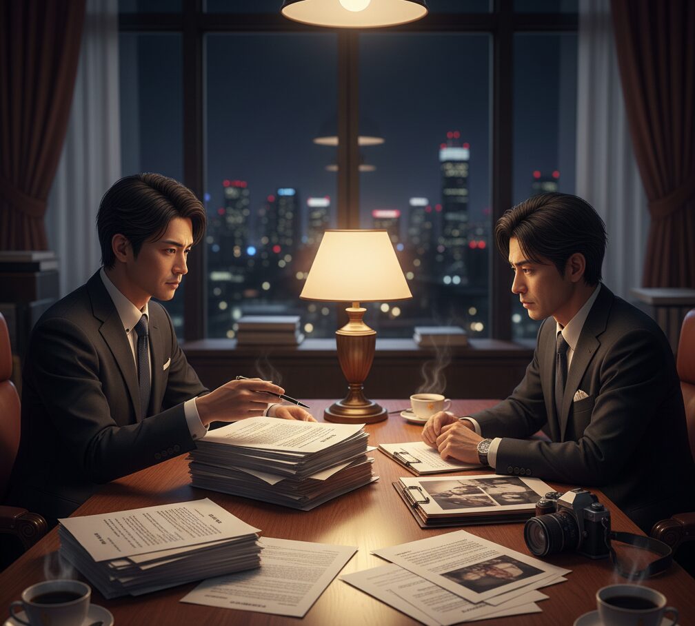 法律事務所で、弁護士と探偵が書類を前に、離婚か再構築かの戦略について連携して話し合っている様子。