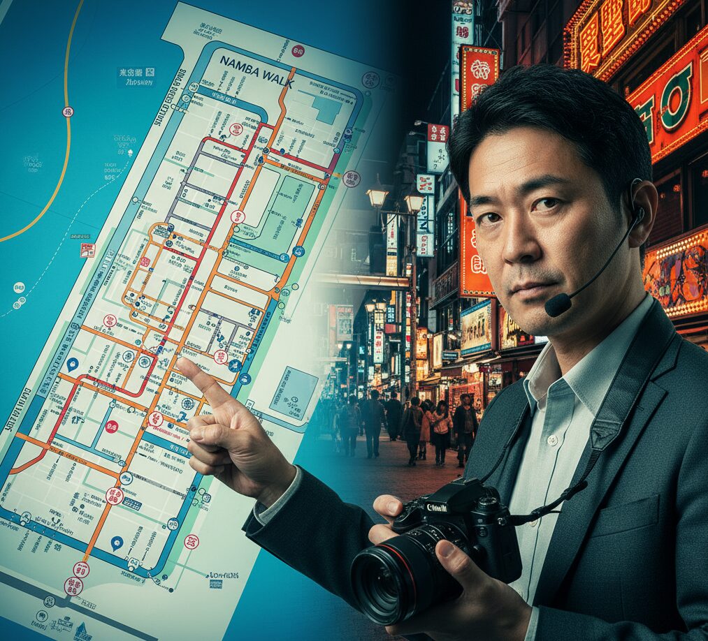 難波の複雑な地下街の案内図や街並みを背景に、プロの探偵が小型カメラや無線機を手に調査ノウハウを駆使する様子。