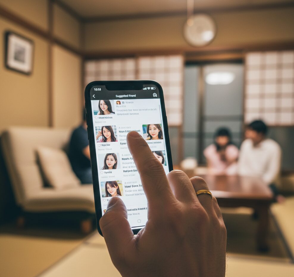 帰省中、気の緩みからマッチングアプリや元恋人のSNSを閲覧する夫の手元。