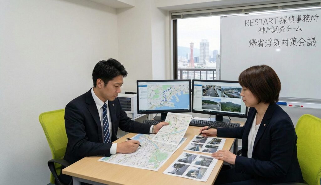 RESTART探偵事務所の神戸調査チームが、オフィスで神戸市の地図やGPSデータを見ながら、帰省中の浮気調査の戦略会議を行っている様子。窓の外には神戸の街並みが見える。