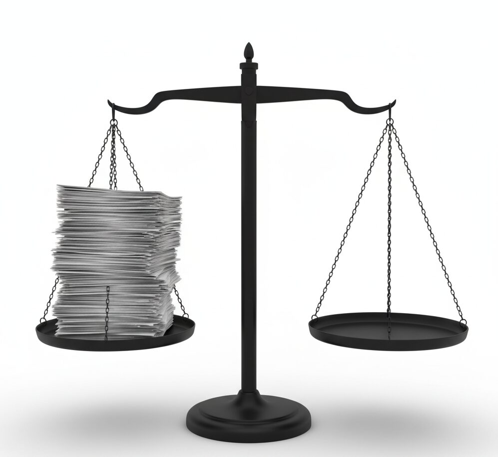 法律事務所のような場所で、浮気調査の証拠書類が置かれた天秤が大きく傾き、交渉の主導権を握っている様子。