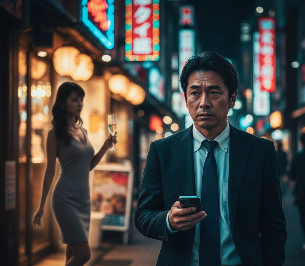「alt属性」 難波の夜景を背景に、仕事のストレスと浮気の誘惑に揺れる、心理的な葛藤を抱えた日本人男性。