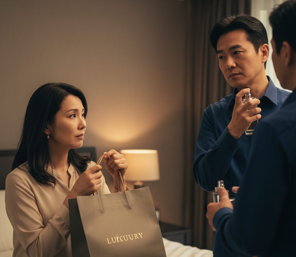 新しい香水をつけて身だしなみを整える夫と、夫から贈られたプレゼントを複雑な表情で見る妻。