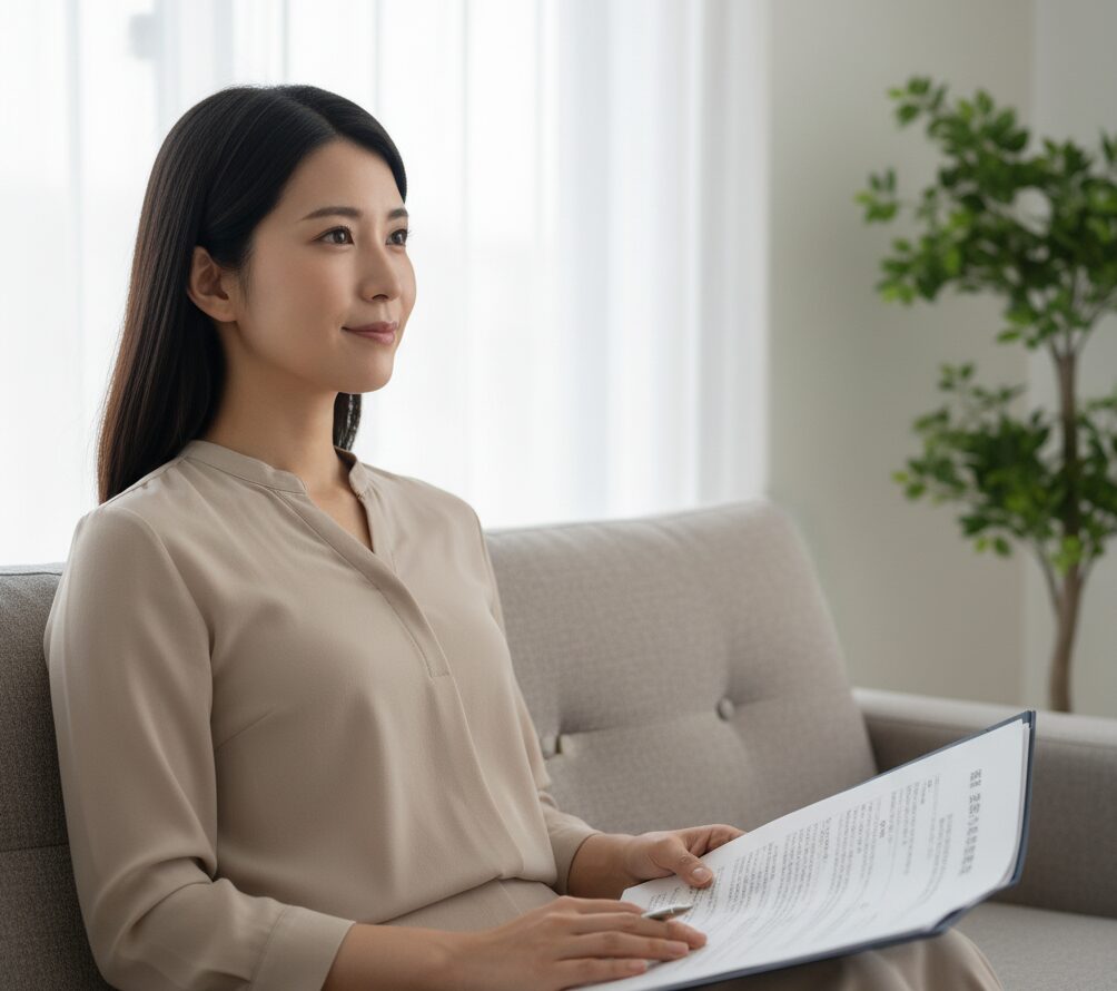 浮気の真実を知り、探偵の報告書を前に心の安寧を取り戻し、穏やかな表情を浮かべる女性。