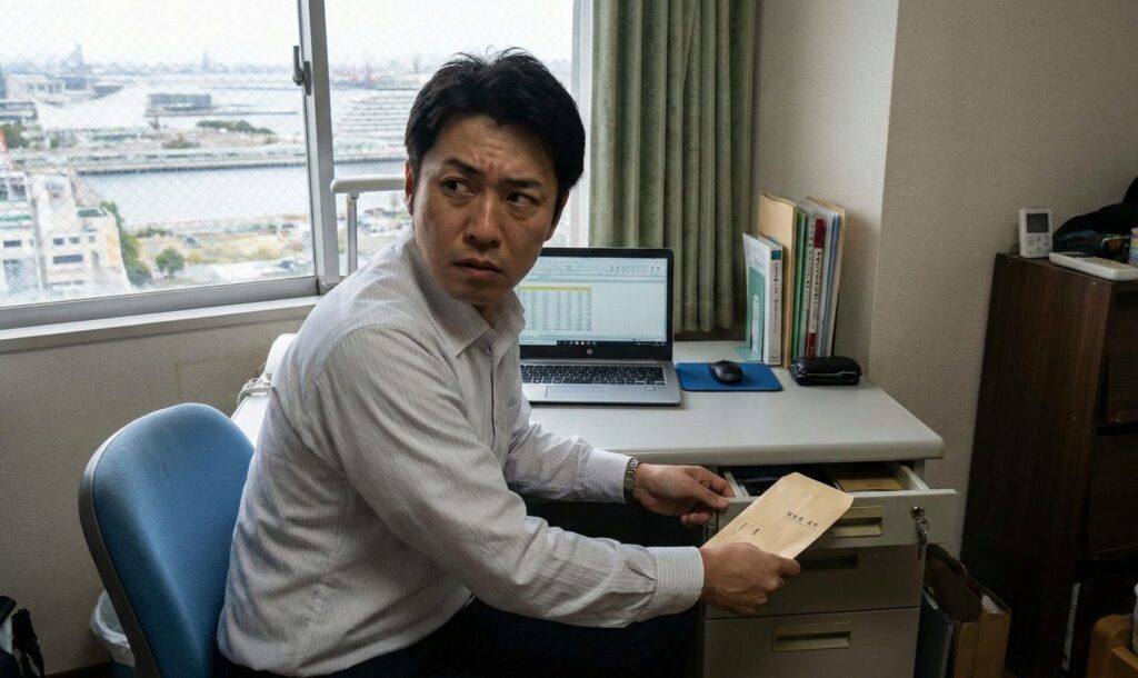 神戸の港が見える部屋で、夫が周囲を警戒しながらボーナス明細が入った封筒を引き出しに隠そうとしている様子。