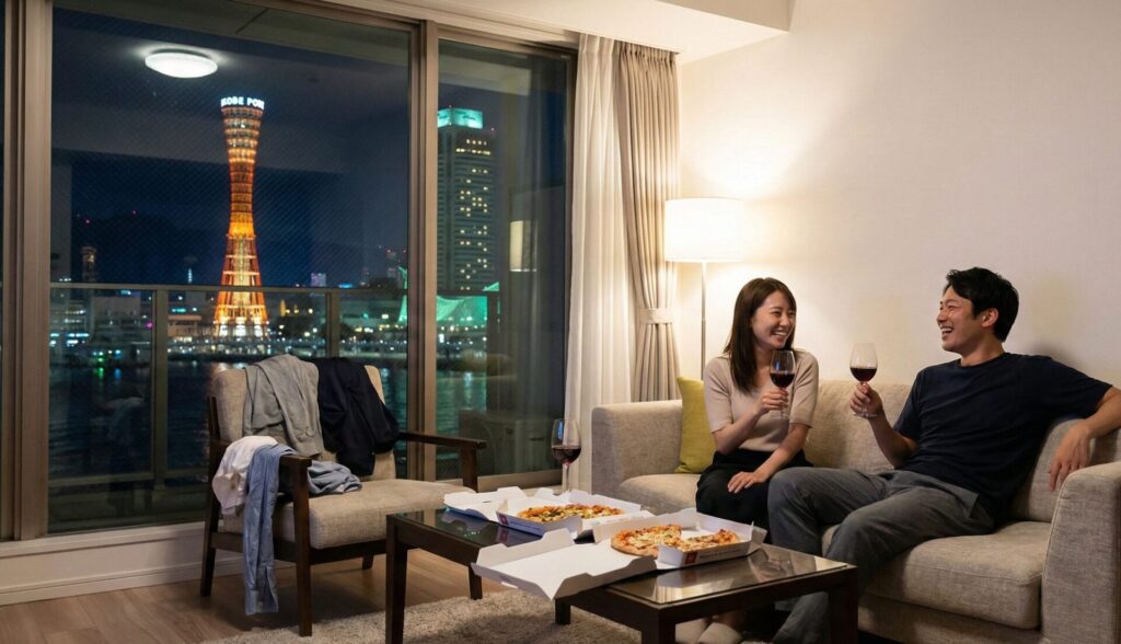 妻が帰省中の神戸の自宅マンションで、ポートタワーの夜景をバックに、浮気相手とワインやピザを楽しんでくつろぐ夫の様子。
