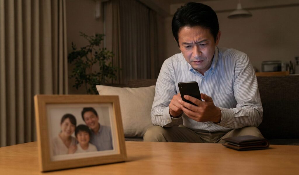 深夜のリビングで、幸せそうな家族写真が飾られたテーブルの前で、スマートフォンを見つめながら金銭的な秘密と葛藤する夫の様子。