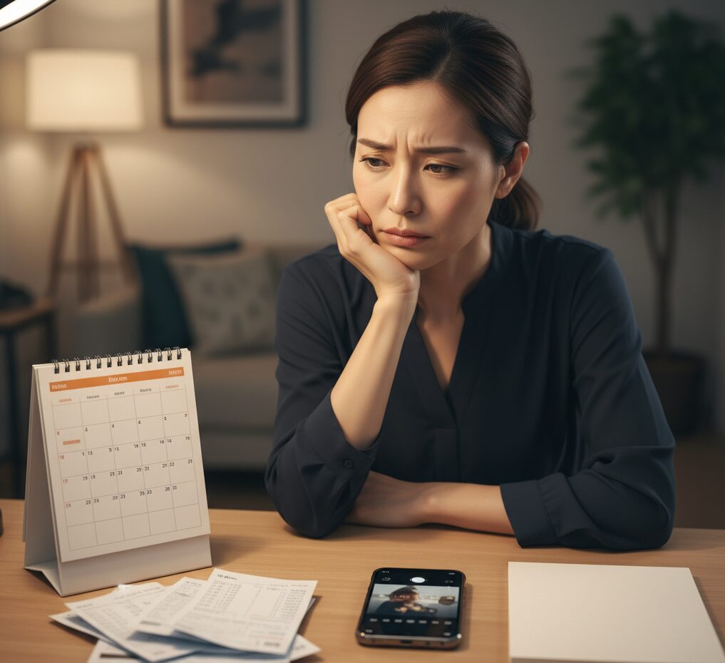 浮気の証拠を押さえるために、カレンダー、明細書、スマホを前に冷静に準備する女性。