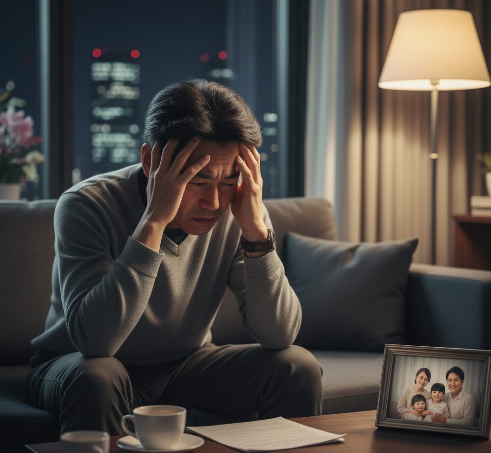自宅のソファで頭を抱え、家族写真とスマホを交互に見つめながら、罪悪感と自己合理化の葛藤に苦しむ夫。