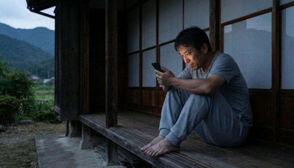 自宅のリビングで、家族写真とスマートフォンを前に、浮気の罪悪感と自己正当化の狭間で苦悩し、頭を抱える夫の様子。