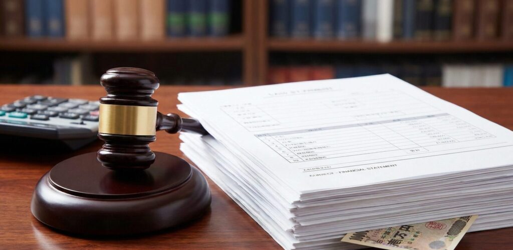 裁判所の木槌（ガベル）と、財務書類の束が置かれたデスク。書類の下から一万円札が覗いており、隠し財産が法的手続きで明らかになる様子を象徴している。
