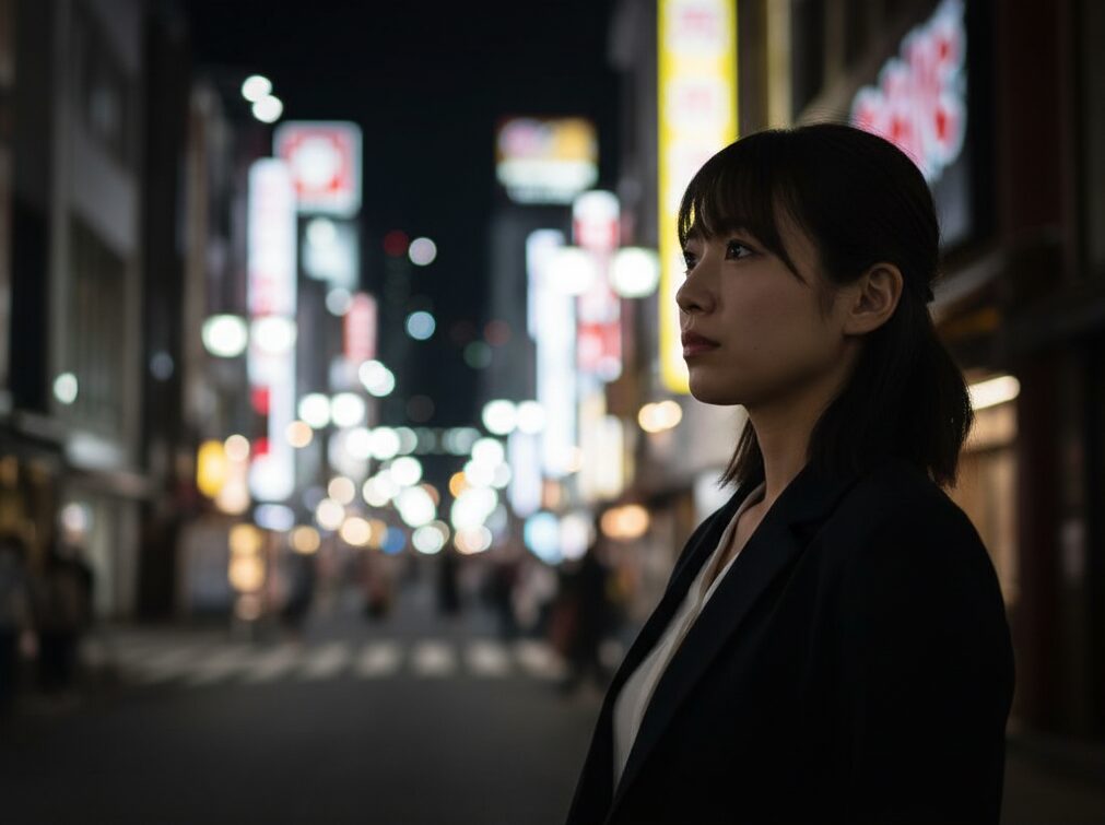 難波の夜景を背景に、不安が解消され、希望に満ちた未来を見つめる女性。