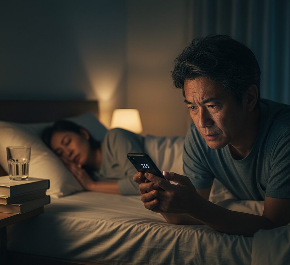 暗い寝室で、妻に背を向けてスマホを過度にロックし、隠しながら操作する夫。