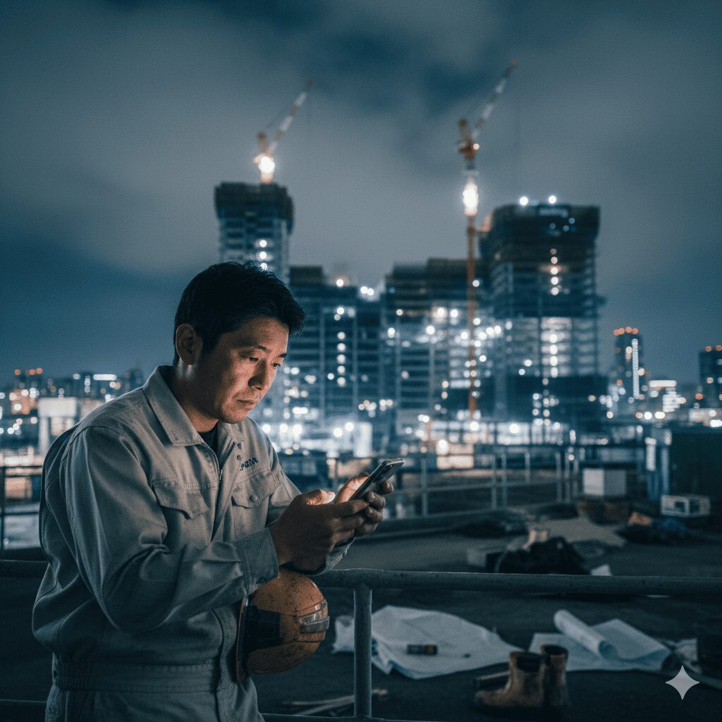 建設現場の遠景と、残業で疲れた様子の日本人男性(建築・建設業の夫)が、スマートフォンを眺めている姿。仕事のストレスや環境が浮気の原因となる構造。