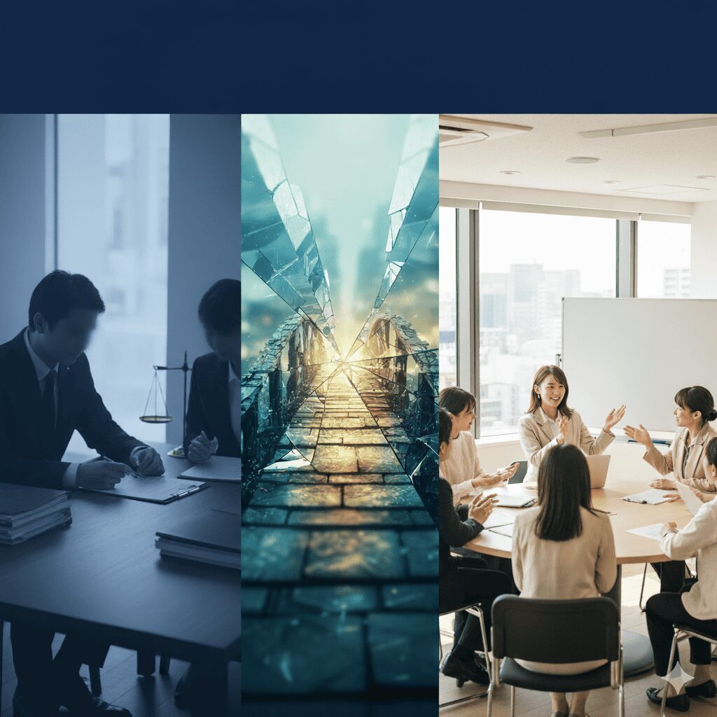 天秤の上に「慰謝料」と「再構築」の札が置かれ、その隣に探偵の調査報告書と弁護士の書類が並んでいるイメージ。未来の選択肢を象徴する。