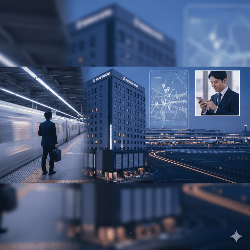 大阪市内の新幹線駅や空港の風景と、ビジネスホテルの外観。出張や現場移動が多い夫が、大阪の地理的条件を背景に浮気しやすい状況を示唆。