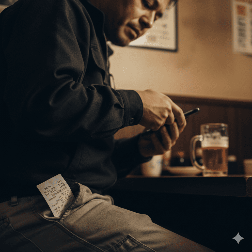 作業着のポケットから見慣れないホテルのカードキーやレシートが覗いている、または夫がこっそりスマートフォンを操作している手元のクローズアップ。具体的な浮気行動の兆候。