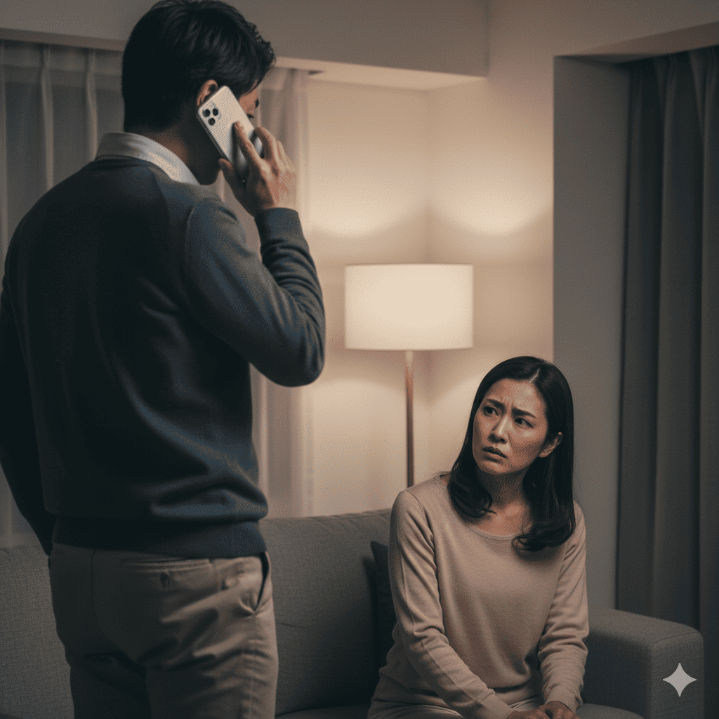 夫が妻に背を向けて電話で話しており、妻が訝しげな表情で夫を見ている様子。夫の口から出る言い訳と、妻の疑念。