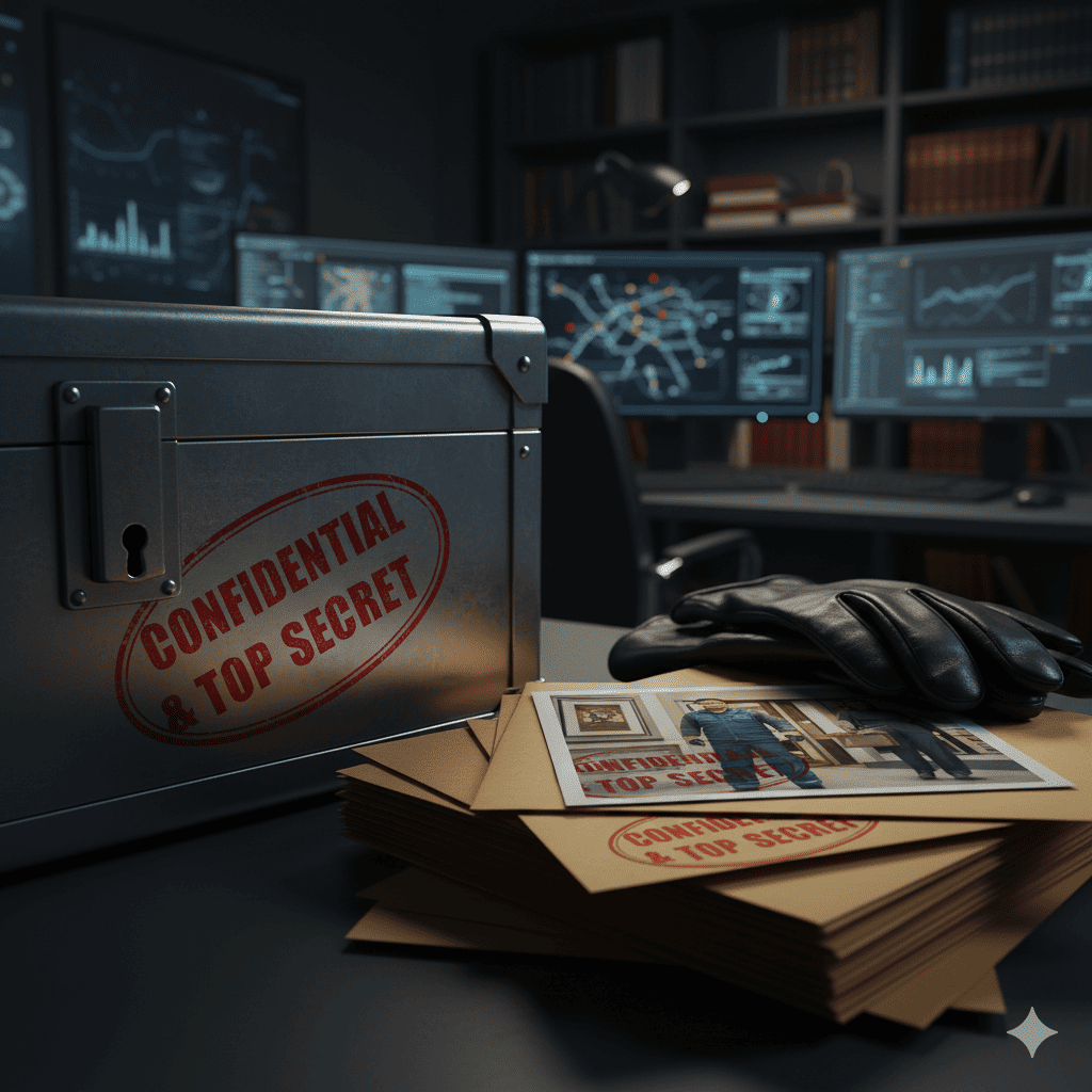 鍵のかかった金庫や、封筒に「極秘」と書かれたスタンプが押されているイメージ。プロの探偵による秘密厳守の証拠収集と調査の雰囲気を表現。