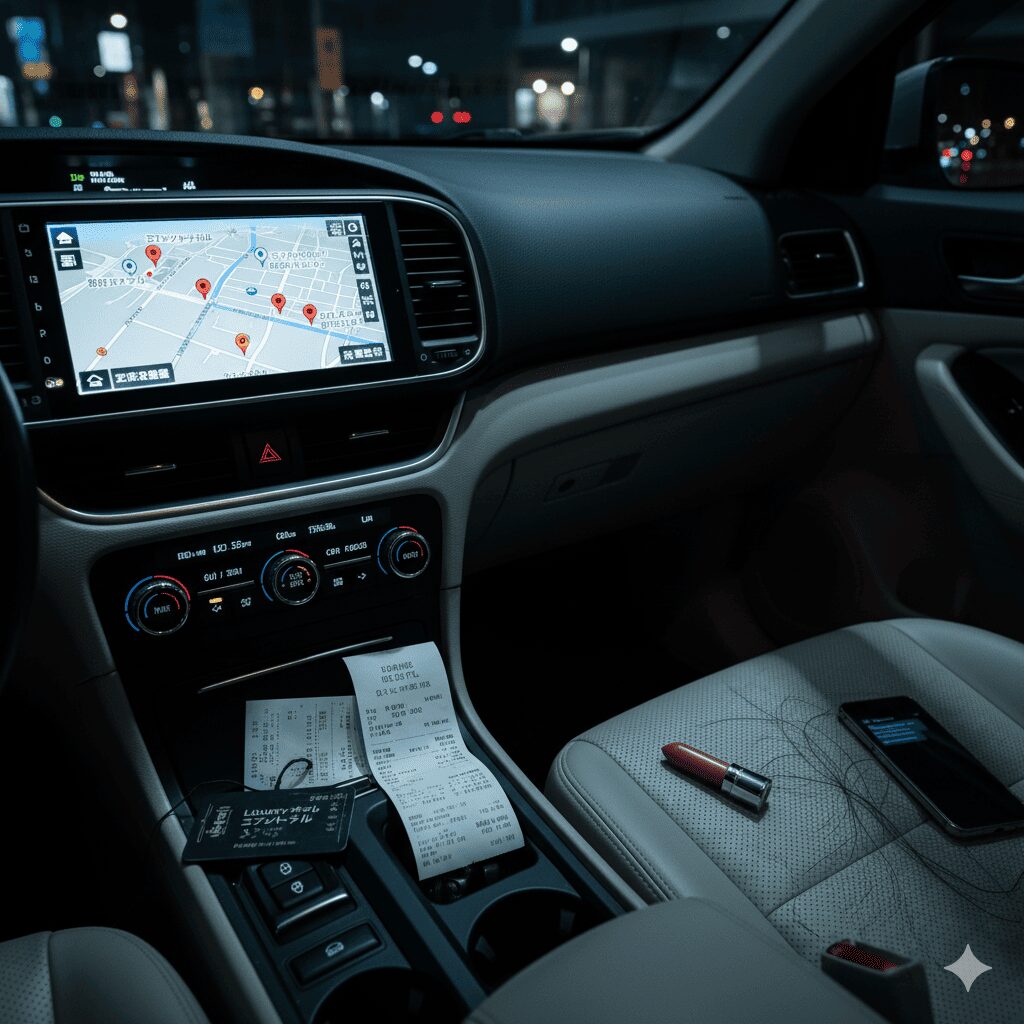 車の助手席に置かれたスマートフォンの画面に、自宅ではない場所の地図が表示され、その横にホテルのレシートや女性の髪の毛が落ちている様子。夫の持ち物や車に残る浮気の痕跡を示唆。