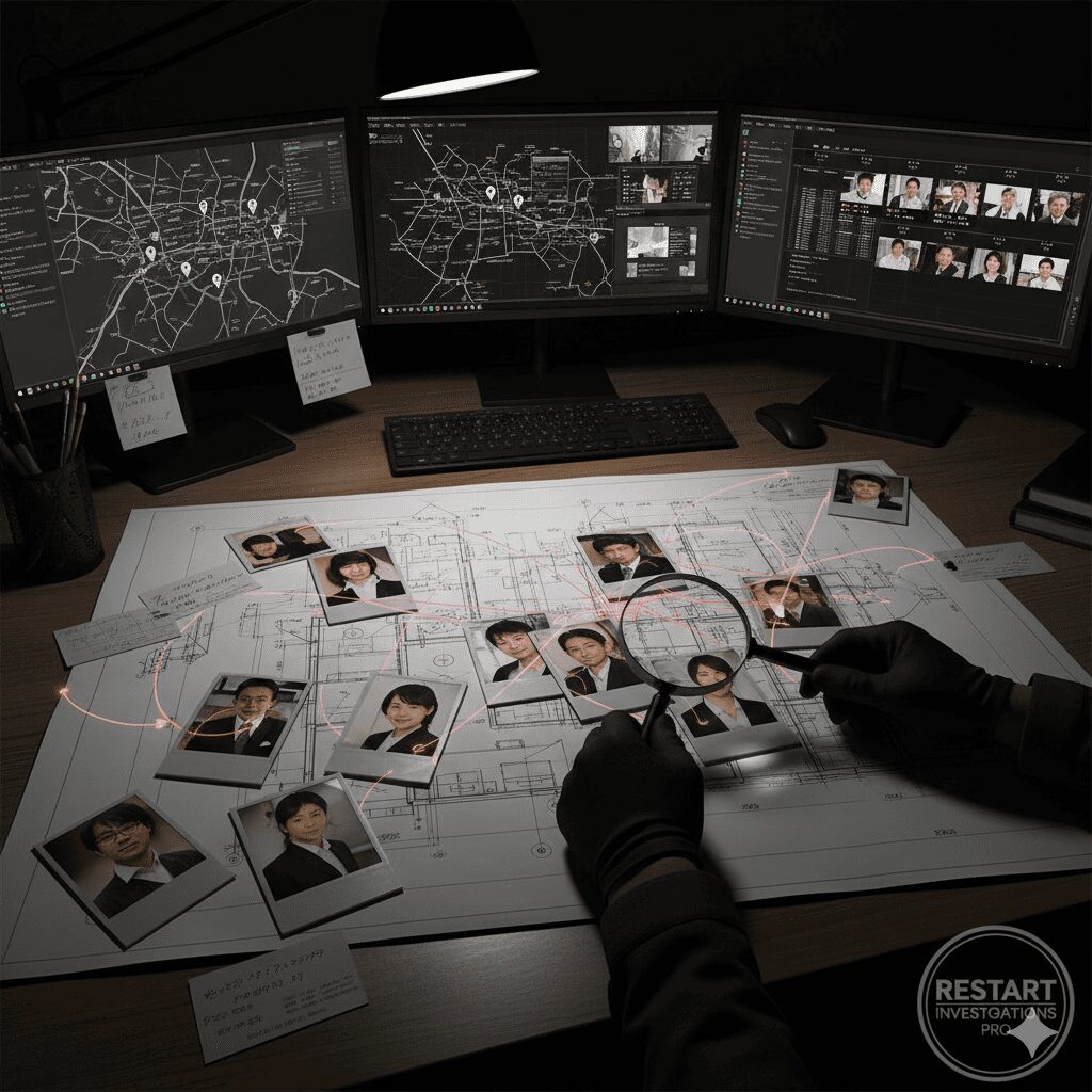 建設現場の設計図が広げられ、その上に何人かの人物写真が配置され、線で関係性が示されている様子。現場の人間関係から浮気相手を特定する探偵の分析作業。