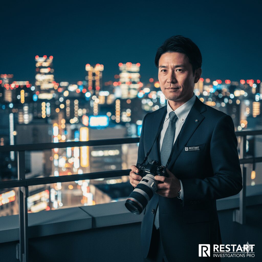 大阪の夜景を背景に、RESTART探偵事務所のロゴが入ったバッジをつけた誠実そうな日本人探偵(男性)が、冷静な表情で街を見下ろしている様子。プロの探偵に依頼するメリットと信頼感。