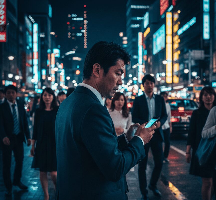 梅田の忘年会後の雑踏の中、スマートフォンを見つめる日本人男性の後ろ姿。浮気が発覚する緊迫した状況を暗示する画像。