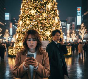 華やかに輝く梅田の巨大なクリスマスツリーとイルミネーションを背景に、スマートフォンを不安げに見つめる20代後半の日本人女性。クリスマスムードに包まれた街で、こっそり電話する男性の姿が遠くに見え、浮気の疑念を抱く女性の心情を表現した画像。