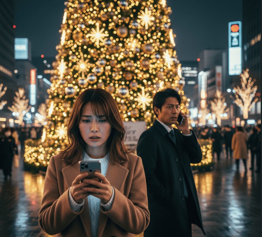 華やかに輝く梅田の巨大なクリスマスツリーとイルミネーションを背景に、スマートフォンを不安げに見つめる20代後半の日本人女性。クリスマスムードに包まれた街で、こっそり電話する男性の姿が遠くに見え、浮気の疑念を抱く女性の心情を表現した画像。
