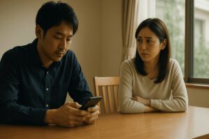 不倫の兆候に悩む妻と、スマートフォンに夢中な夫。夫婦関係のすれ違いを象徴する一枚。