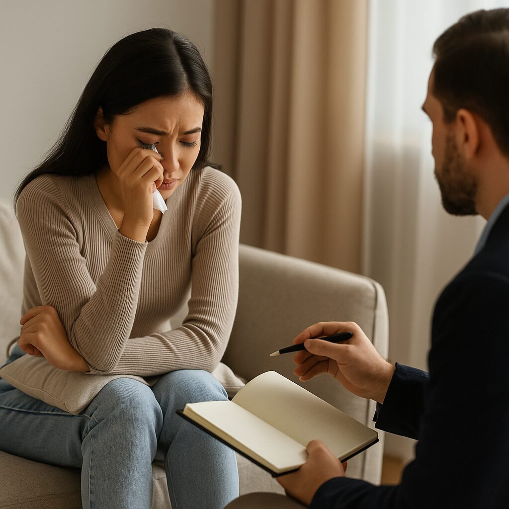 カウンセリングルームで、穏やかな表情の日本人女性がカウンセラーと対話している様子。落ち着いた雰囲気の室内で、温かみのある光が差し込み、心のケアと信頼関係を象徴する場面。