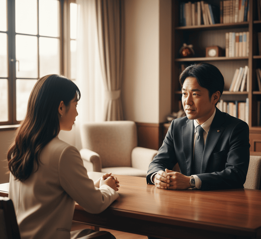 温かい雰囲気の相談室で、不安を抱える20代後半の日本人女性が、真剣な表情で話を聞く探偵事務所の日本人相談員と向かい合っている。無料で相談することで得られる安心感と信頼を象徴する画像。