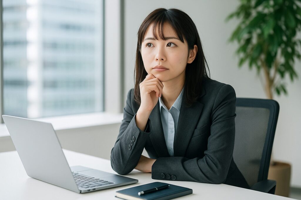 大阪・梅田のオフィス街で資料を見ながら探偵事務所の比較検討をする日本人の女性ビジネスパーソン。真剣な表情で選定に悩んでいる様子。