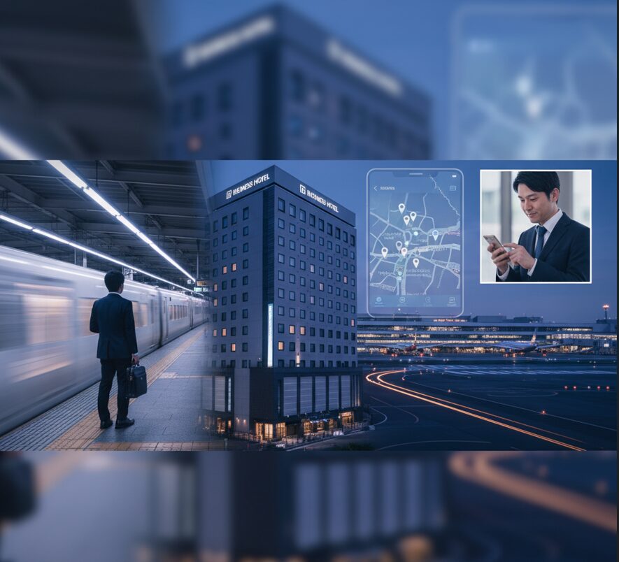 大阪市内の新幹線駅や空港の風景と、ビジネスホテルの外観。出張や現場移動が多い夫が、大阪の地理的条件を背景に浮気しやすい状況を示唆。