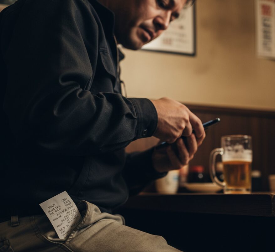 作業着のポケットから見慣れないホテルのカードキーやレシートが覗いている、または夫がこっそりスマートフォンを操作している手元のクローズアップ。具体的な浮気行動の兆候。