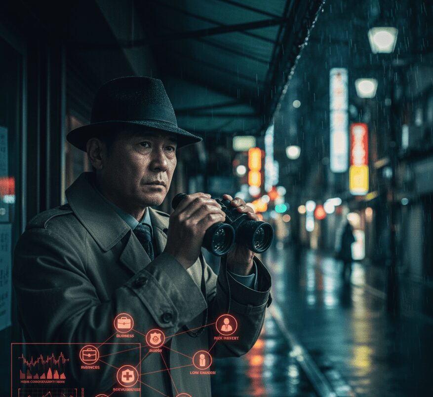 雨の街角で双眼鏡を持つ探偵のイメージ。職業による調査の難易度と張り込みの様子。