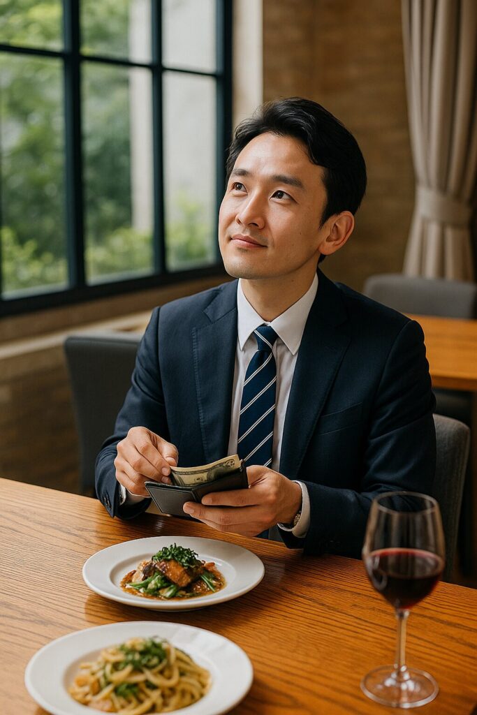 カフェのテーブル席に座り、片手で結婚指輪を見つめながらもう一方の手でスマートフォンを操作する30代の日本人男性。表情は複雑で、夫婦への投資と浮気相手への浪費を心の中で合理化しようとしている様子が伝わるシーン。