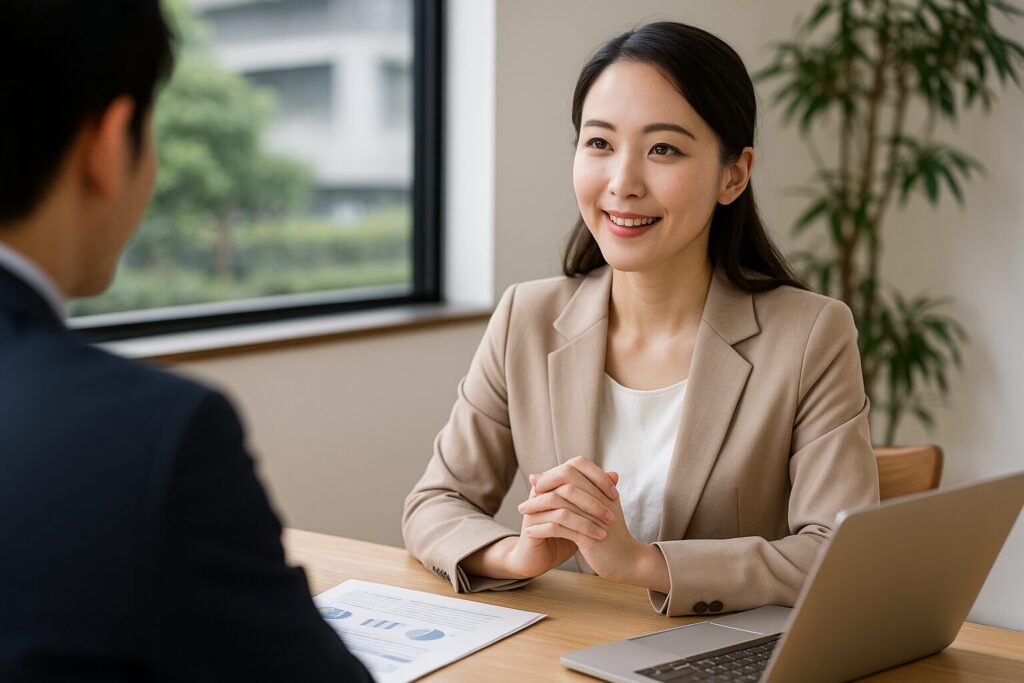 複数の探偵事務所の資料を見比べながら、最適な選択肢を真剣に検討している日本人女性。明るい室内で落ち着いた雰囲気の中、慎重に比較している様子。