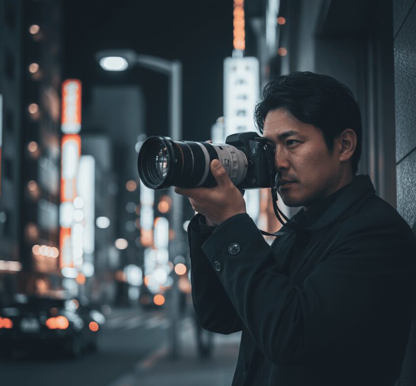 夜の街角で、望遠レンズ付きの一眼レフカメラを構え、張り込み調査を行う日本人探偵の男性。プロの探偵が行う具体的な調査手法を表現。